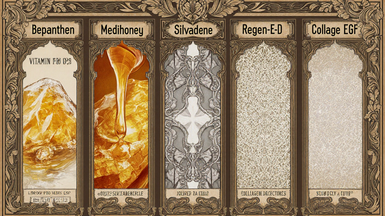 Five wound-healing alternatives displayed in an ornate Art Nouveau pharmacy poster with botanical details.