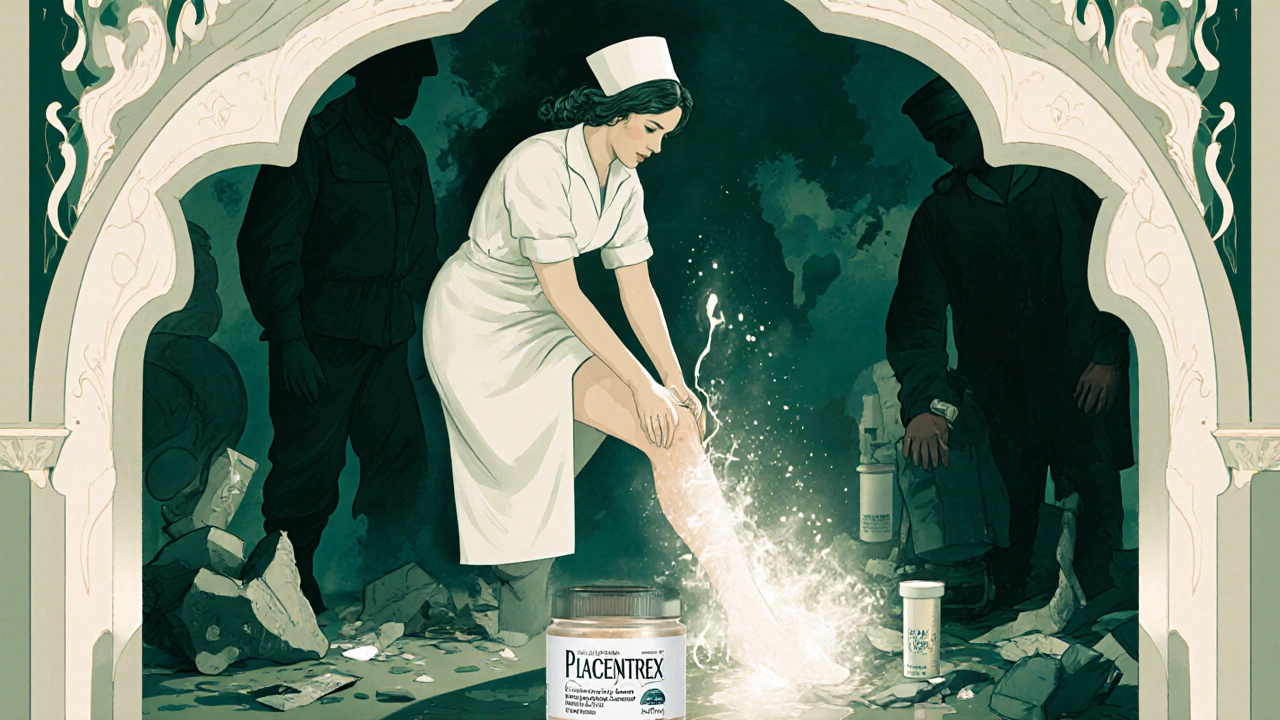 Nurse treating a soldier’s wound with Placentrex under a glowing arch, while fake products crumble in shadows.