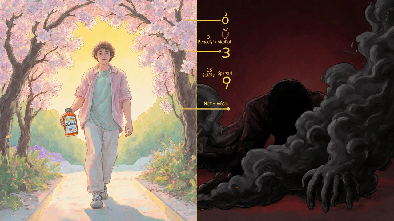 Split illustration: a healthy person with Claritin vs. a shadowy figure surrounded by dangerous drug smoke, Art Nouveau style.