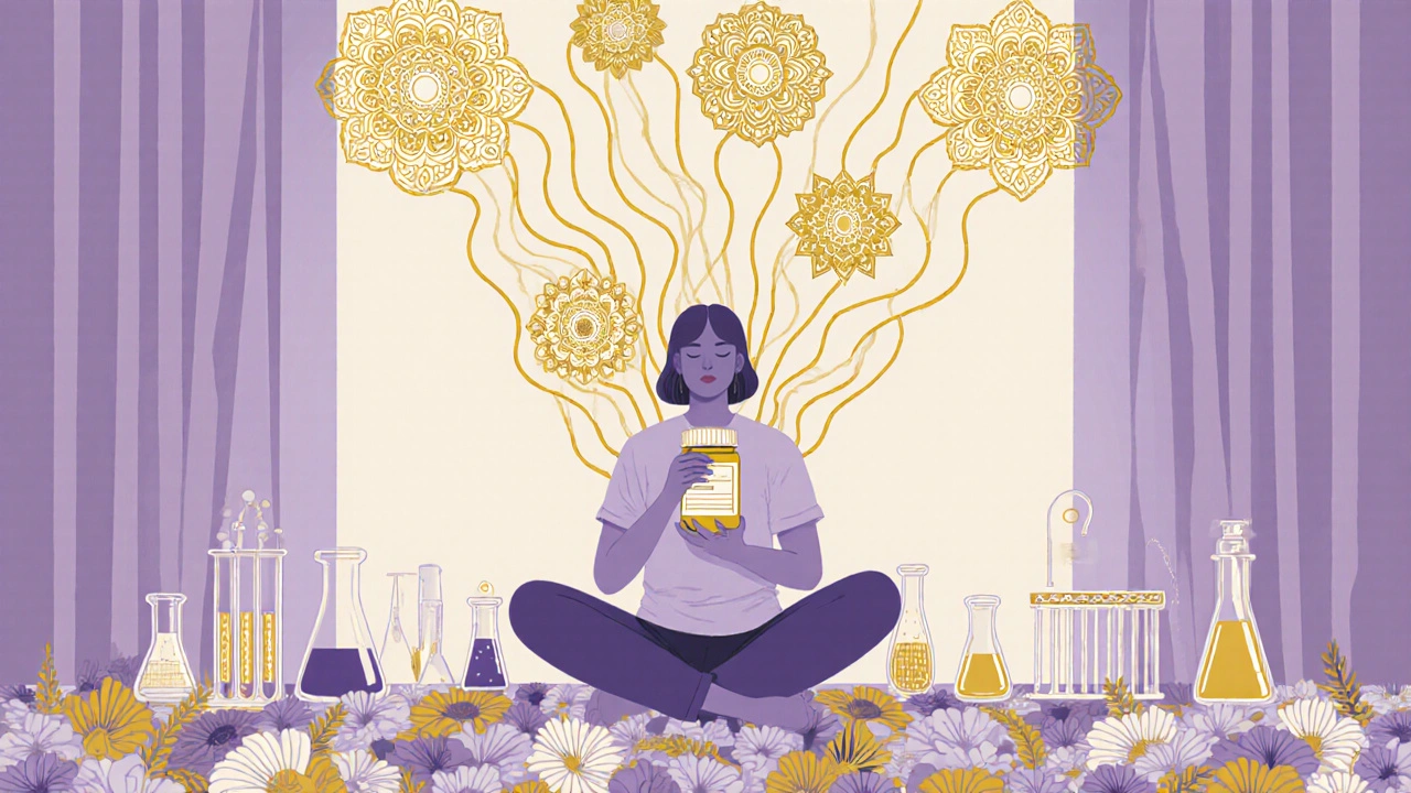 A calm patient surrounded by glowing molecular patterns shaped like protective mandalas, with lab tools woven into floral Art Nouveau design.