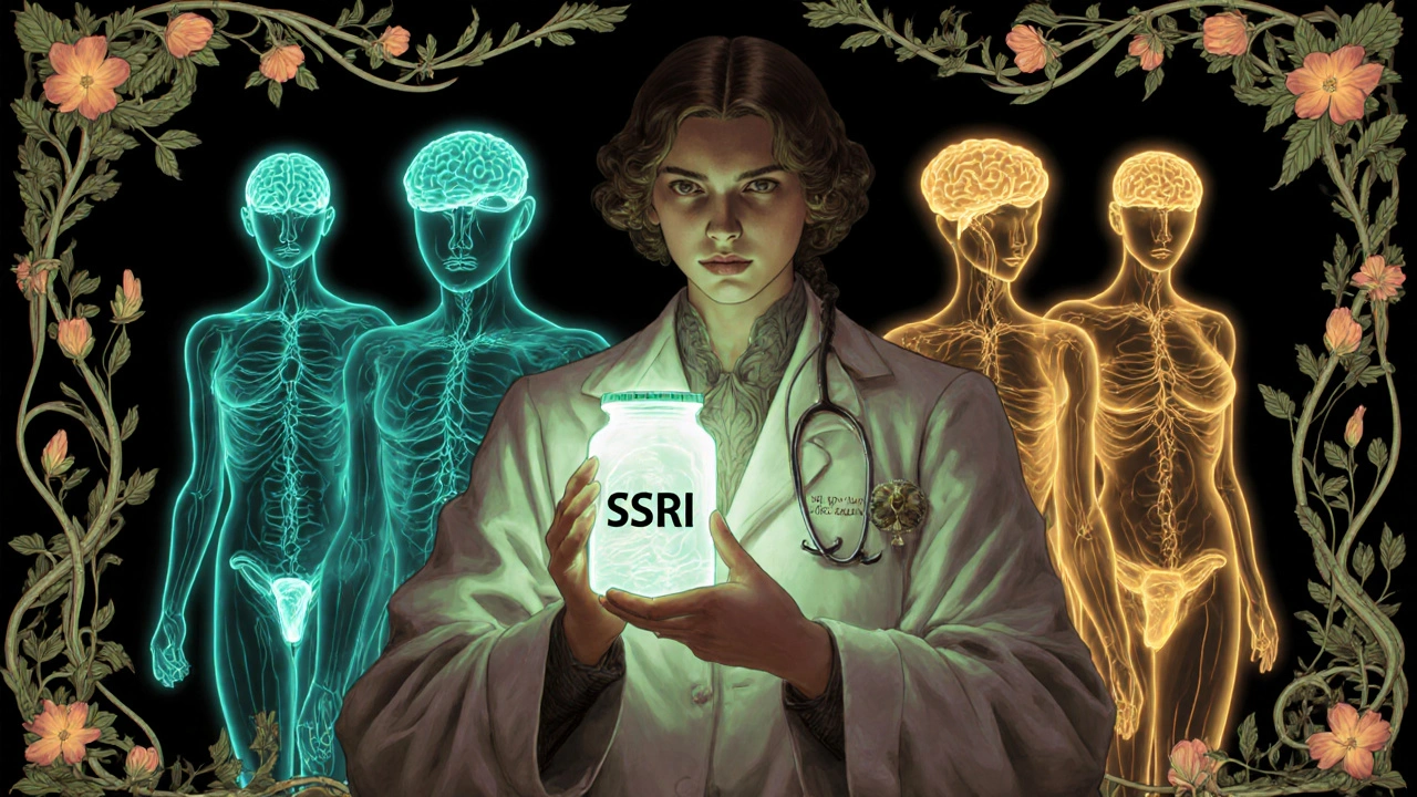 A doctor holding an SSRI bottle while three glowing figures represent treatment options, all wrapped in ornate botanical motifs.