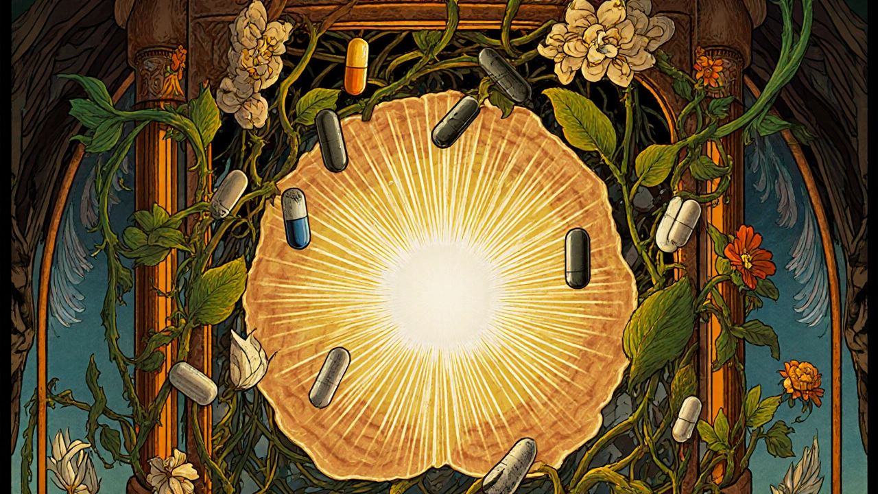 A glowing brain lantern entwined with vines of harmful and safe medications, radiating golden light of restored cognition.