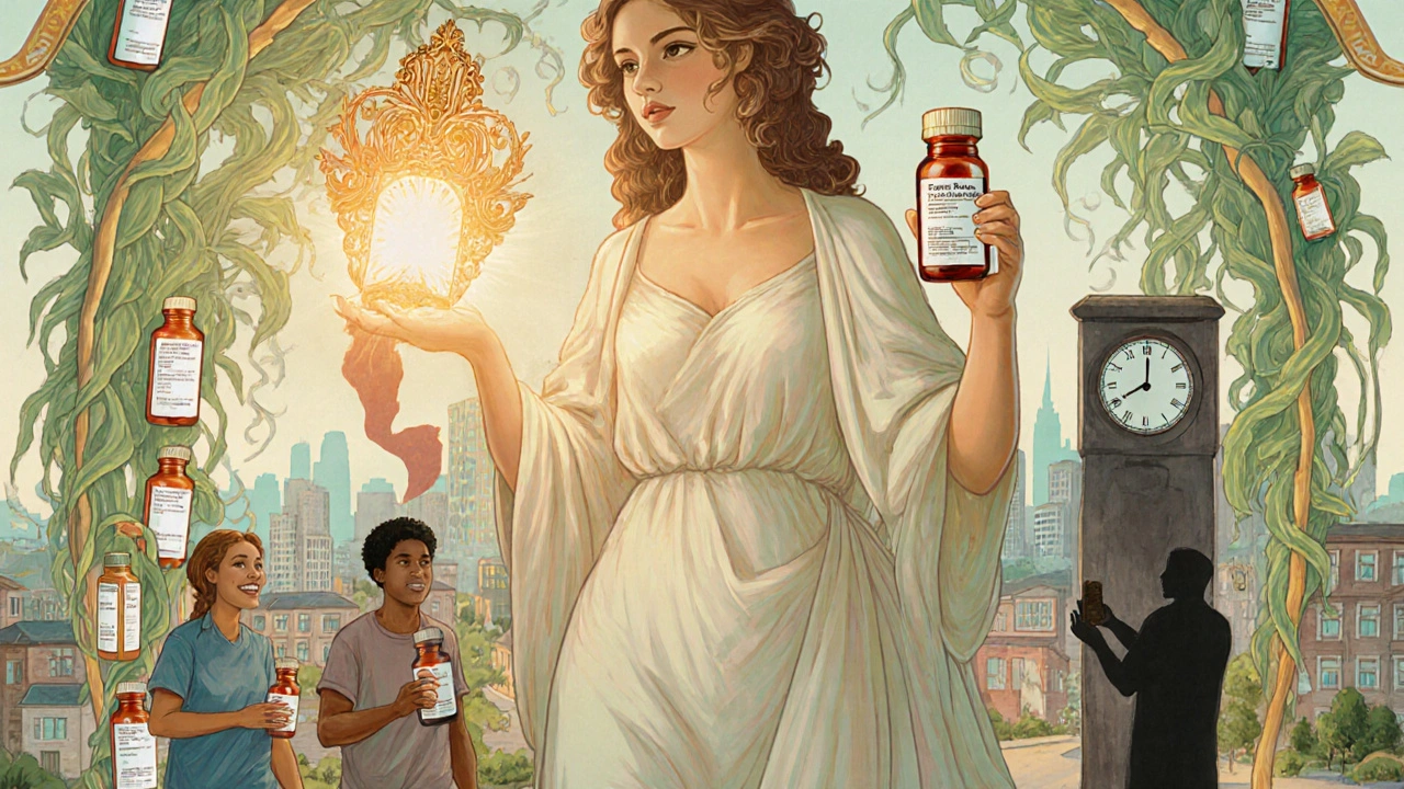 A personified Health figure holding brand and generic vials, with patients walking away smiling as patent clocks crumble.