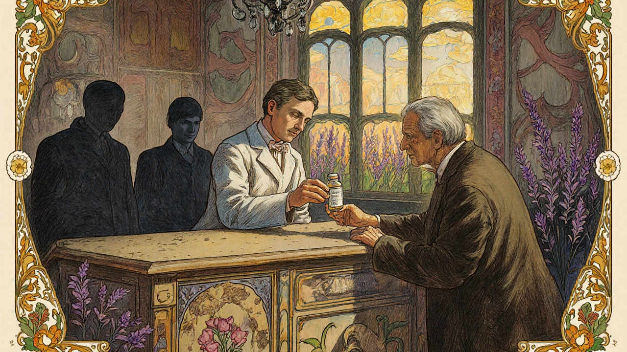 A vintage pharmacy scene with a pharmacist offering melatonin, while harmful pills dissolve into dust under floral light.