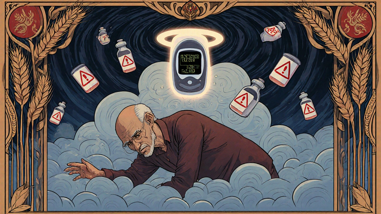 An elderly man collapsing amid falling insulin vials and glucose tabs, with a glowing CGM above him, representing hypoglycemia risks from sulfonylureas.
