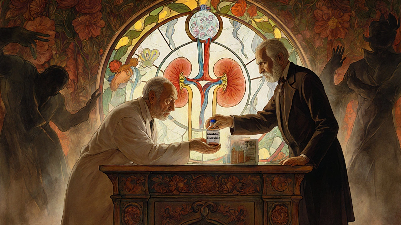 An elegant pharmacist handing a dosulepin vial to an elderly patient, with a stained-glass kidney filter in the background.