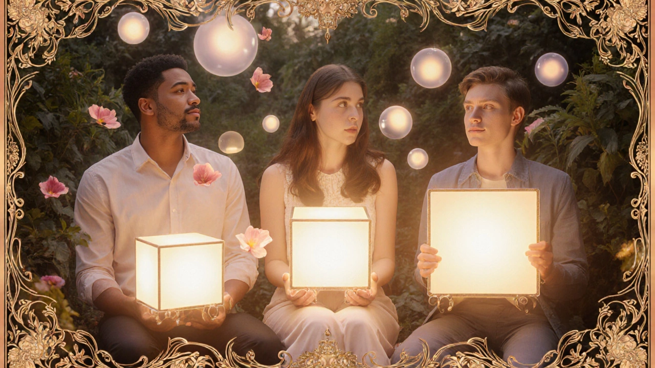 Diverse individuals enjoying morning light therapy, bathed in soft glow as petals and orbs float around them in a dreamlike garden.