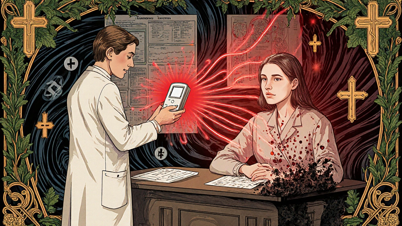 Doctor holding a glowing ketone meter beside a patient, with acid waves and crumbling glucose symbols in ornate Art Nouveau style.