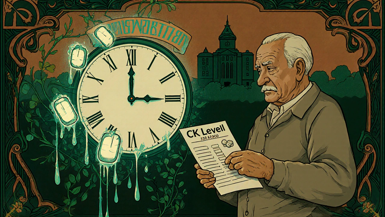 Elderly man holding medication list as a glowing CK level banner hovers above him, clock melting into vines.