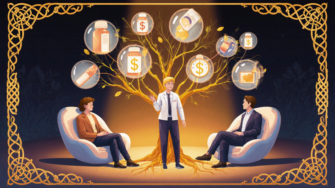 Employees in a wellness center receive medication guidance as health icons float above them connected to a symbolic prescription tree.