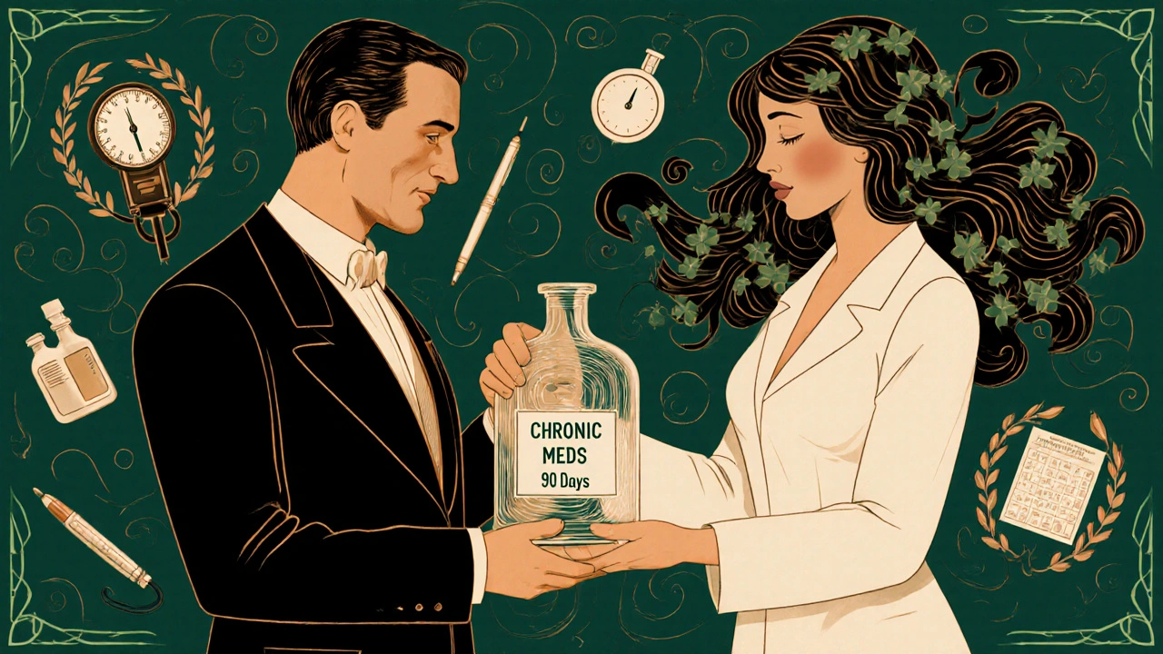 Gentleman receiving a large 90-day medicine vial from a pharmacist with ivy hair, surrounded by health icons.