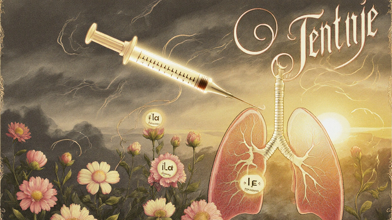 Glowing biologic injection connects to blooming flowers representing immune cells, transitioning from gray to sunrise.