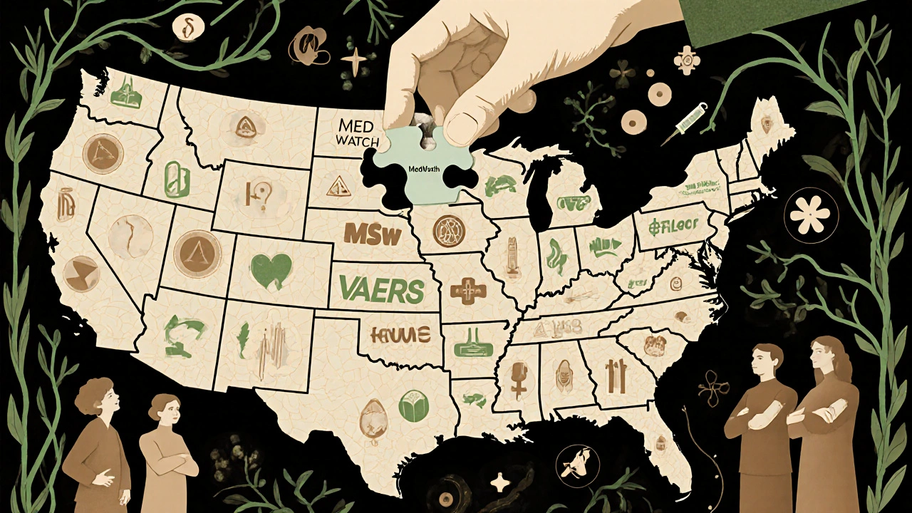 Hand placing puzzle piece into U.S. map with medical icons in Art Nouveau style