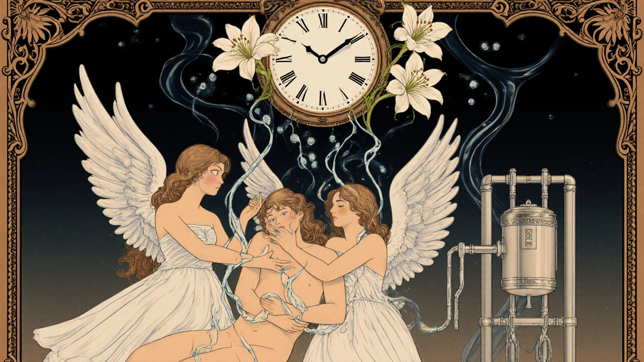 Nocturnal dialysis depicted as ethereal figures nurturing sleep, with water tendrils and blooming lilies symbolizing restored time.