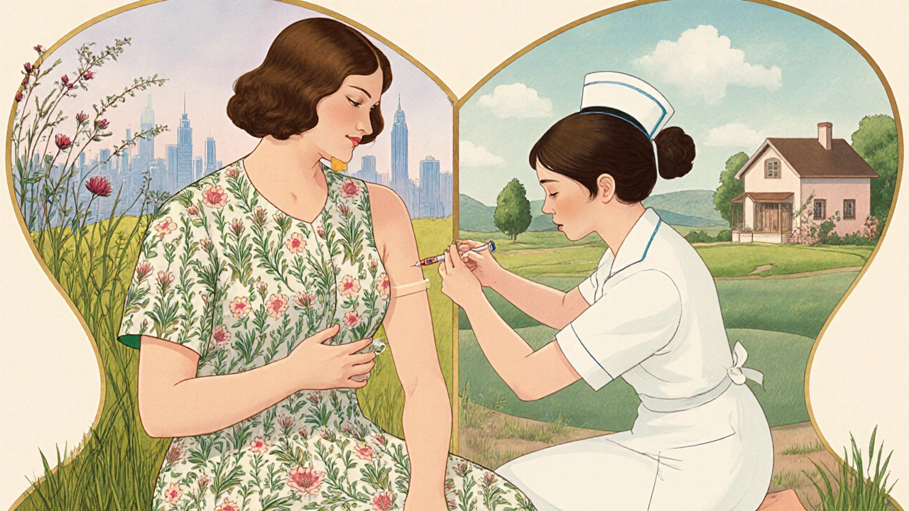 Patient receiving allergy shot amid blooming ragweed and grass motifs, split between polluted city and clean home.