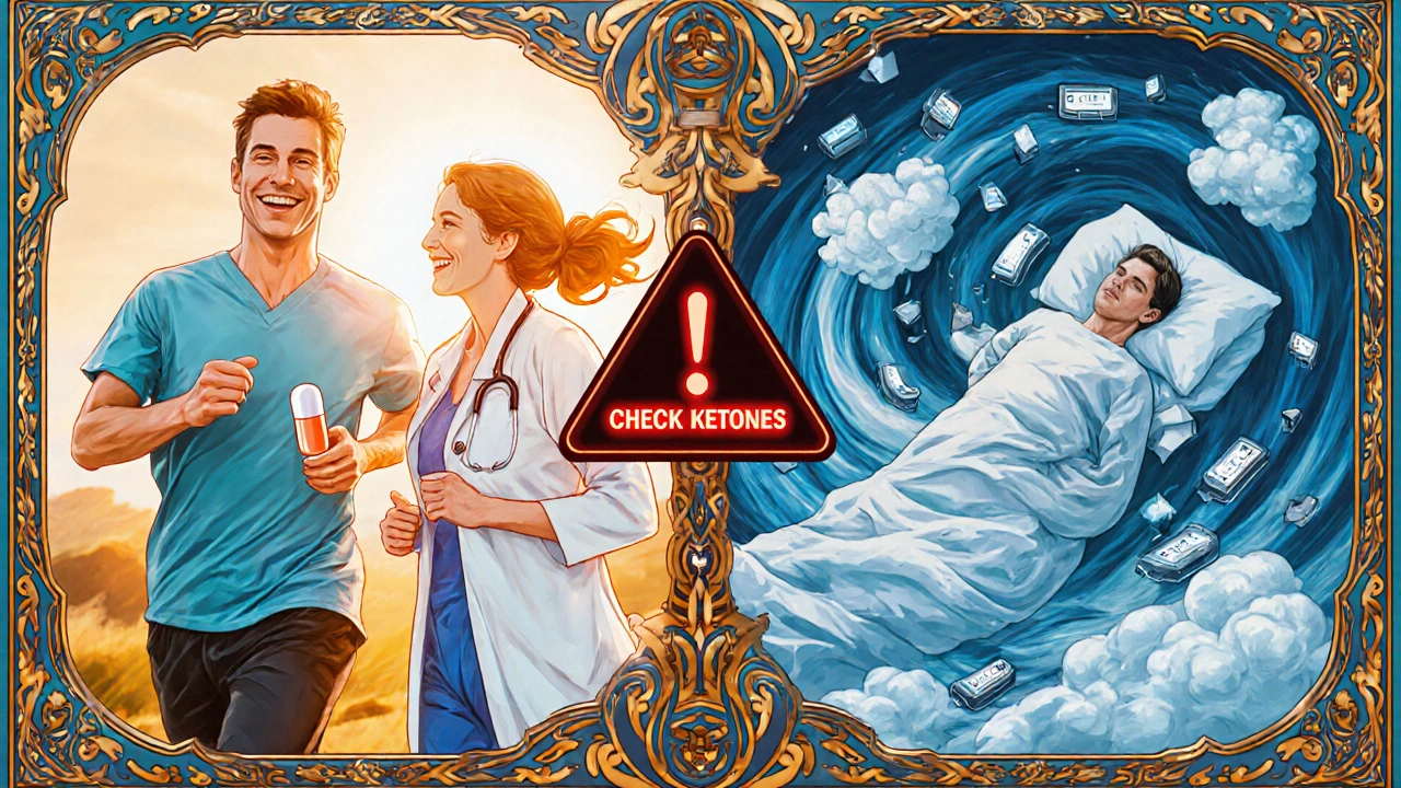 Split-image Art Nouveau ad: healthy lifestyle vs. medical emergency from SGLT2 inhibitor use, with warning text woven into floral border.