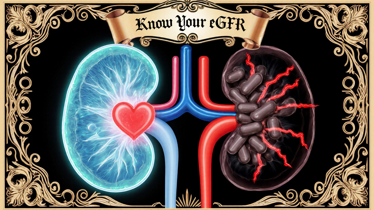 Split image: healthy kidney with clear flow versus clogged kidney with warning signs, framed by ornate Art Nouveau patterns.