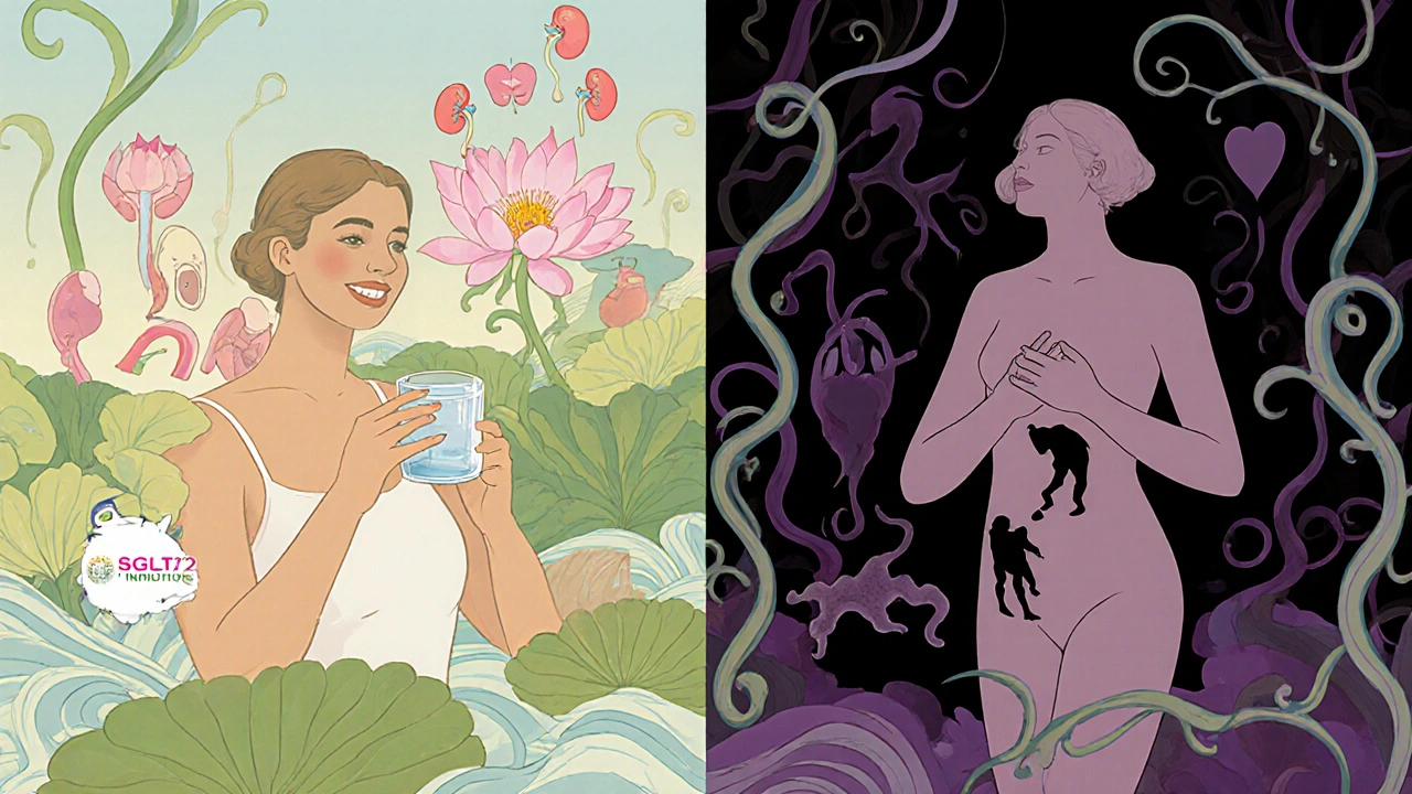 Split image: one side shows health and hydration with SGLT2 benefits, the other shows infection and amputation risks, all in flowing Art Nouveau style.