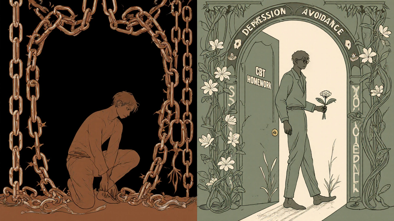 Split image: person trapped in chains vs. person stepping forward with flowers, symbolizing CBT progress in ornate Art Nouveau design.