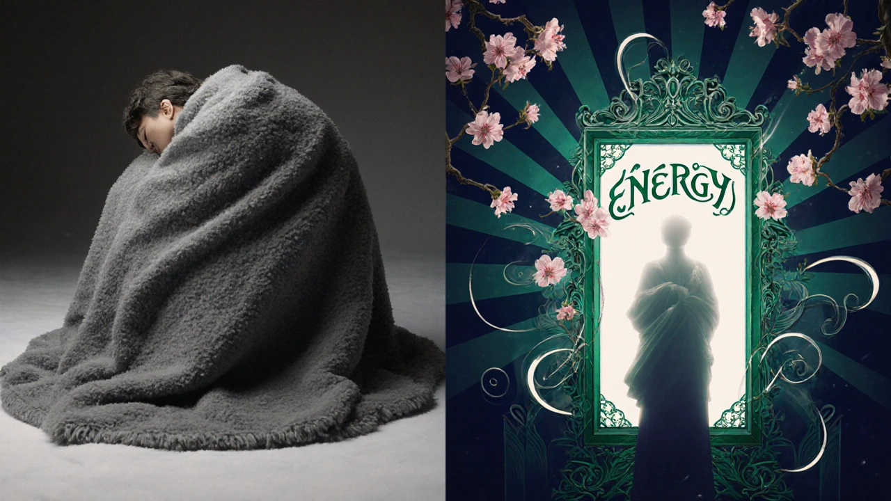 Split scene: a person emerging from winter gloom into radiant light, surrounded by blooming blossoms and glowing sunbeams.