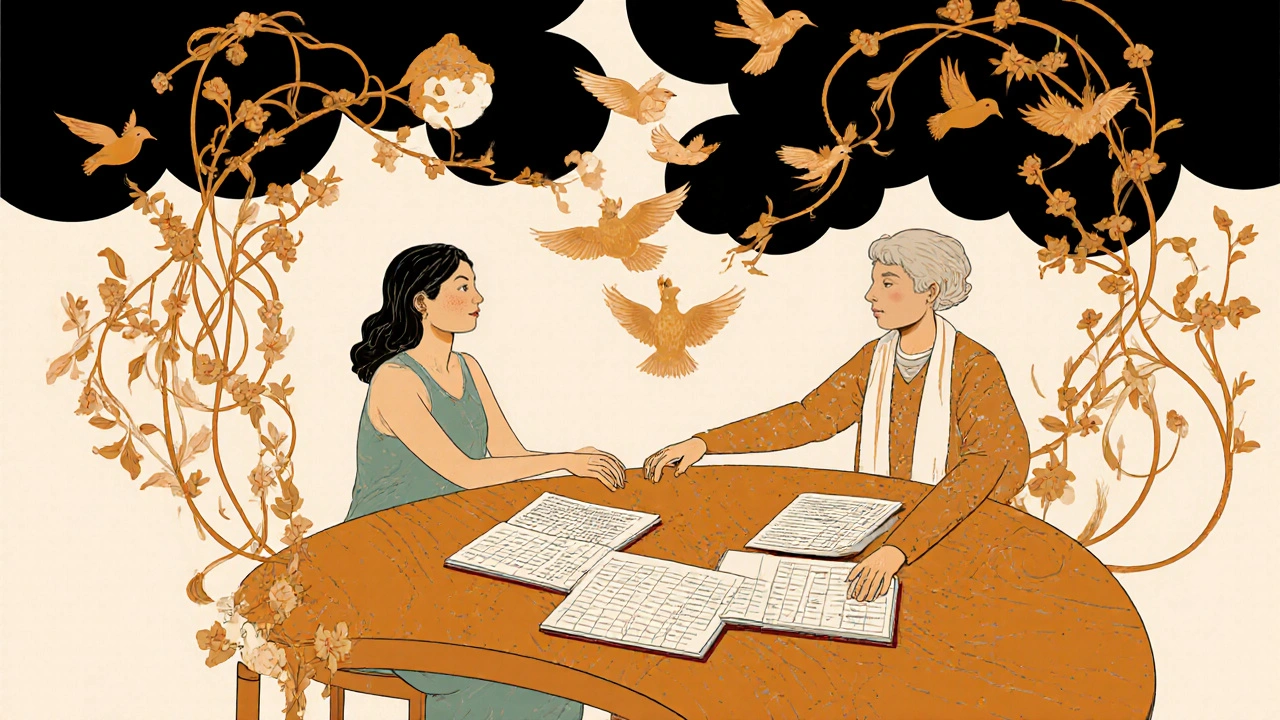Therapist and client sharing a notebook with thought records, surrounded by vines turning darkness into birds in Art Nouveau poster style.