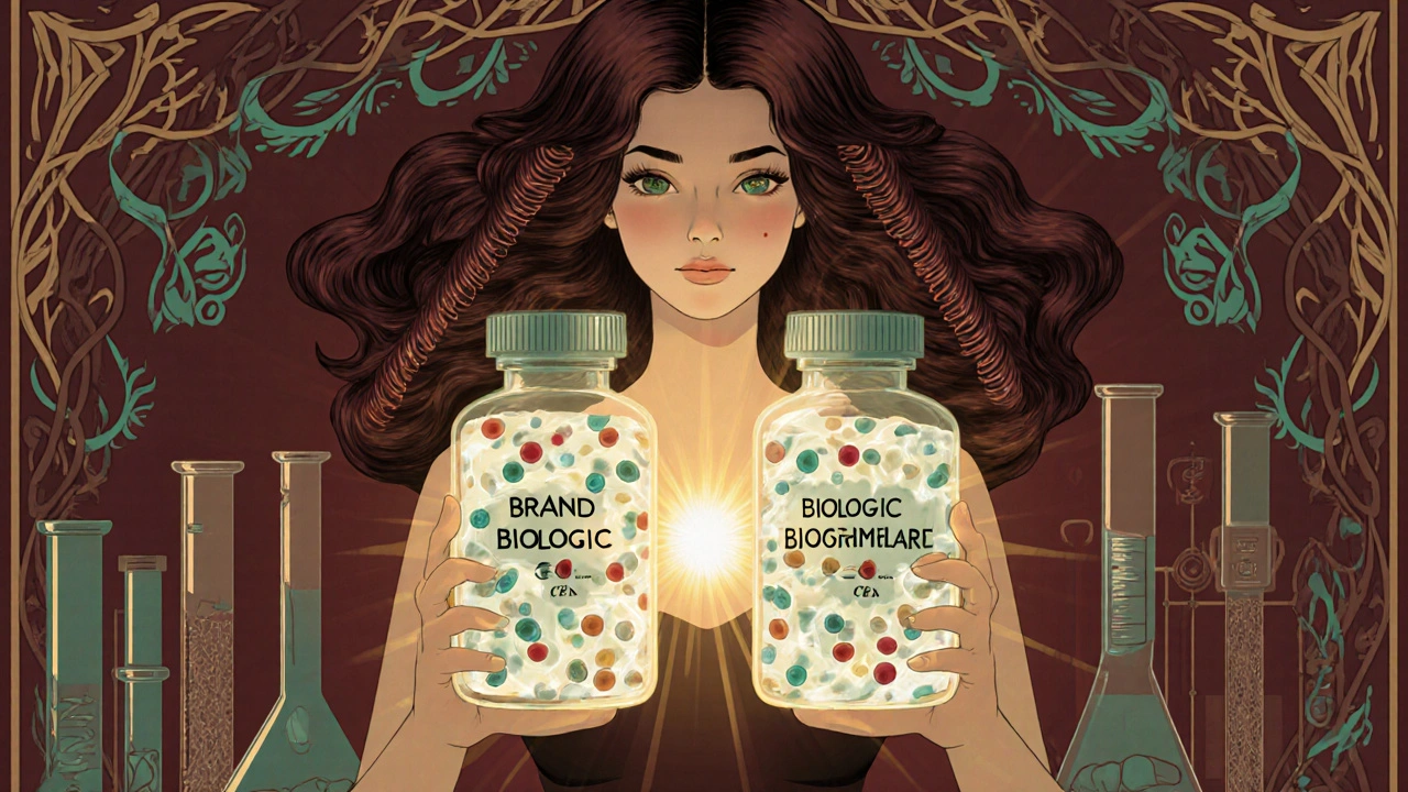 Two biologic vials held by a figure with DNA hair, their molecular contents subtly different, framed by decorative lab instruments in vintage style.