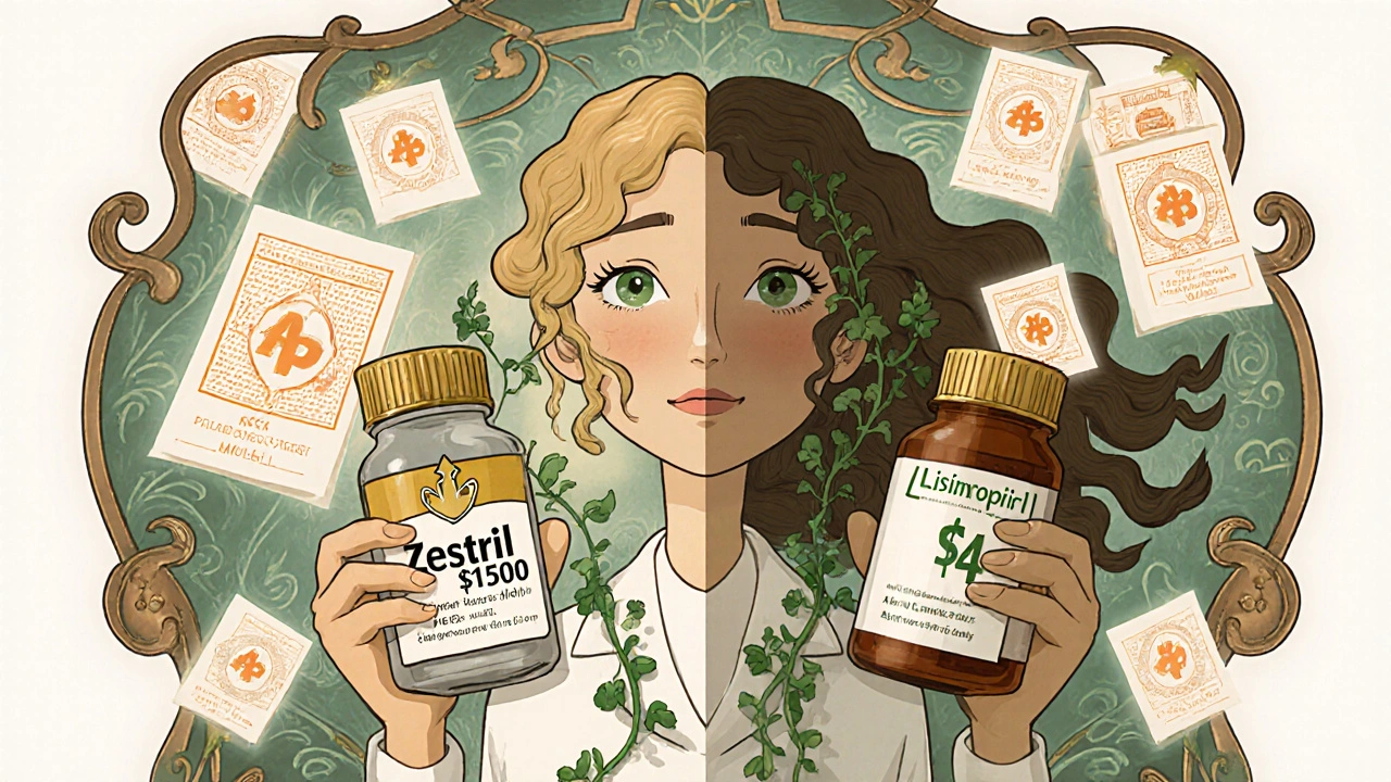 Two pill bottles side by side — one expensive brand, one affordable generic — held by a pharmacist amid glowing FDA equivalence stamps.