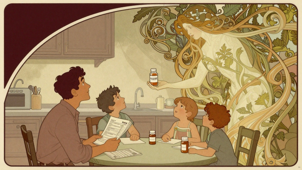 A family receives free medication from a nature-inspired figure at their kitchen table.