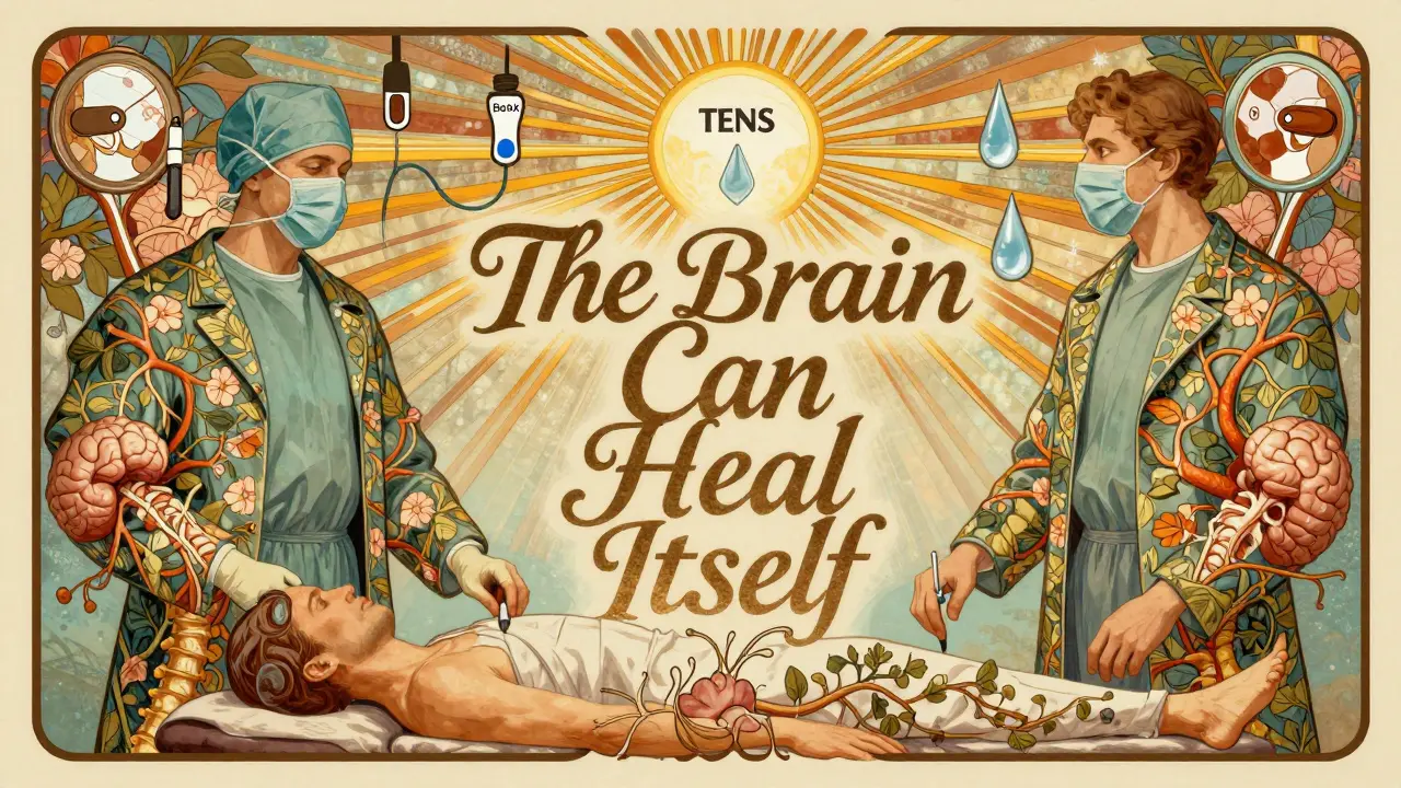 A medical team beside a patient, with vines and nerves forming a sunburst of healing therapies.