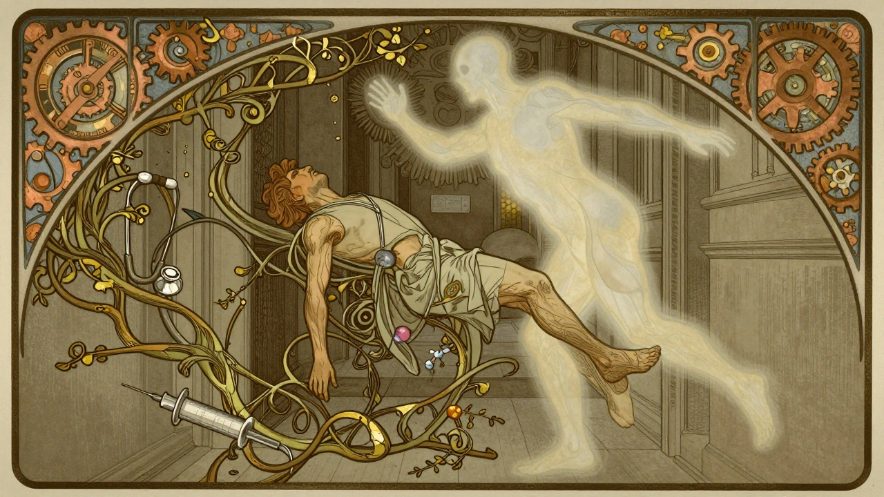 A patient collapsing as medical symbols twist into vines, representing the shutdown of the body&#039;s cortisol response.