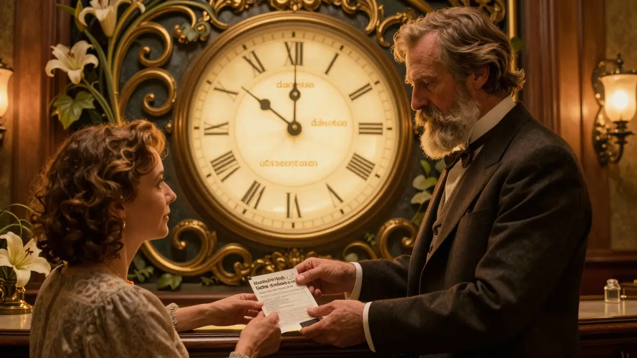 A pharmacist hands a patient a bundled monthly prescription, with ornate clocks showing all medications aligned to one refill date.