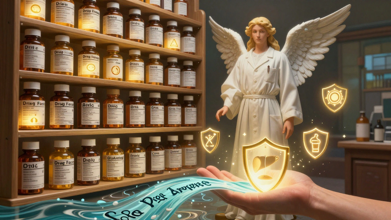 A pharmacist stands beside medicine shelves with glowing Drug Facts Labels forming protective symbols against overdose and allergy risks.