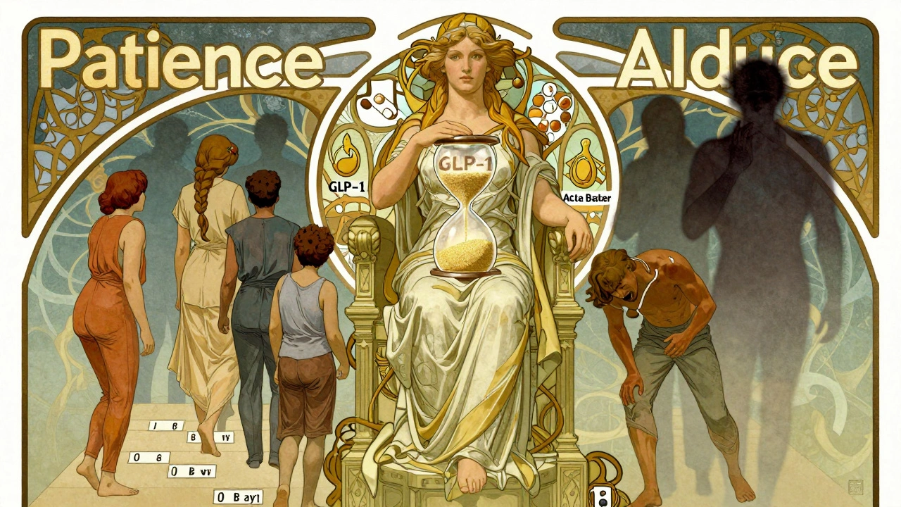 A regal figure of patience presides over a path of weekly doses, with healing organs forming from golden sand in an ornate hourglass.