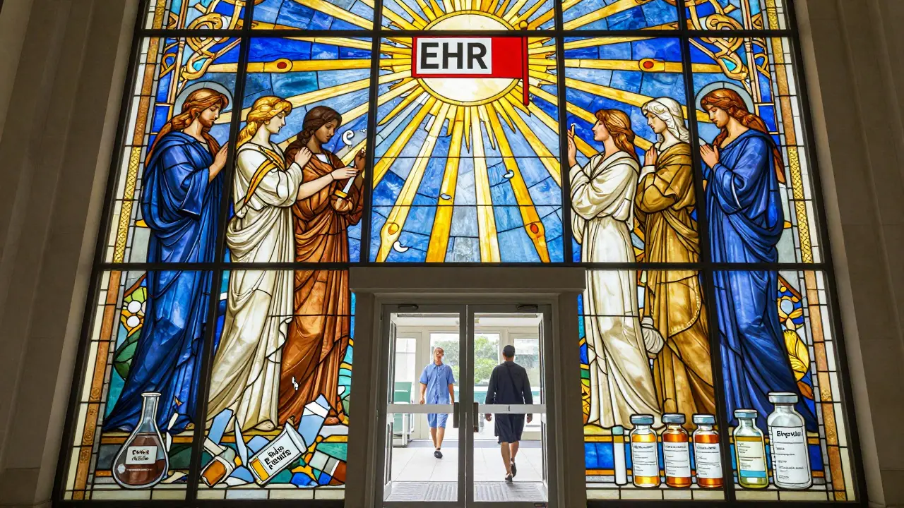 A stained-glass window depicting nine figures performing lab verification steps, with EHR alert sunburst above and safe vials glowing below.