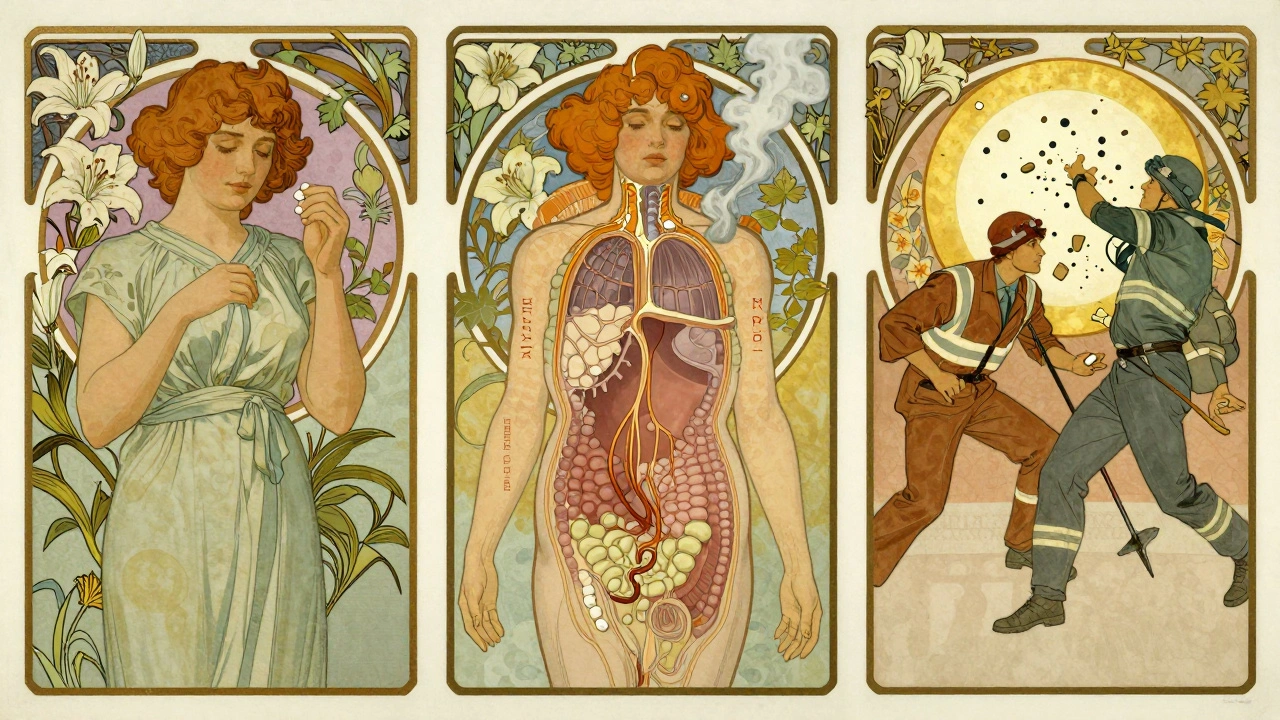 A three-panel illustration showing opioid use, hormonal decline, and adrenal crisis in Art Nouveau style.