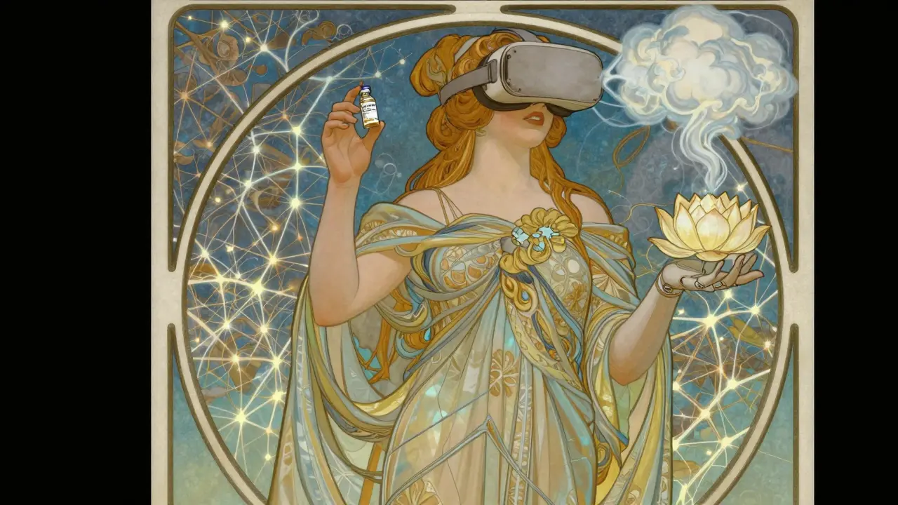 A woman holding medication and a lotus-shaped VR headset, surrounded by glowing neural networks.