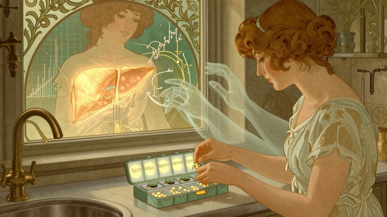 A woman organizes a pill box with glowing alarms, her reflection showing a healthy liver, with blood test graphs as vines in the background.