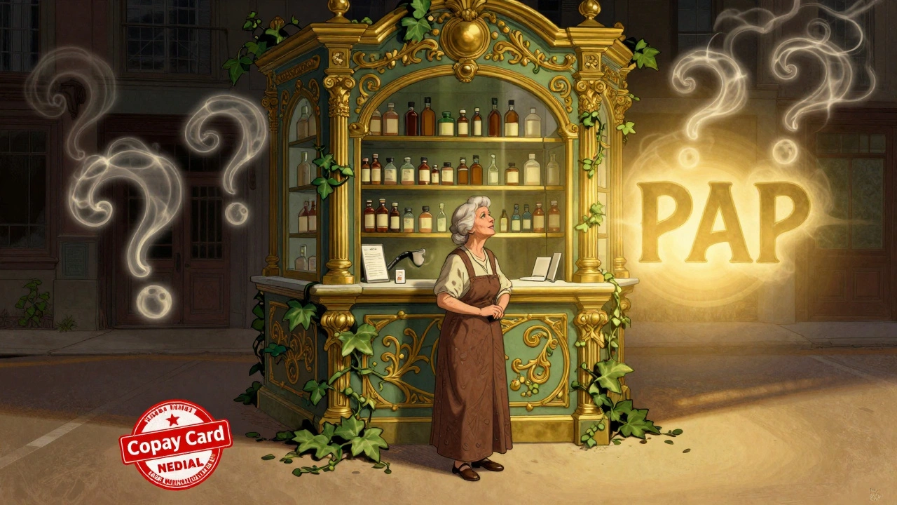 An elderly woman faces two paths to medication access, one blocked, one illuminated.