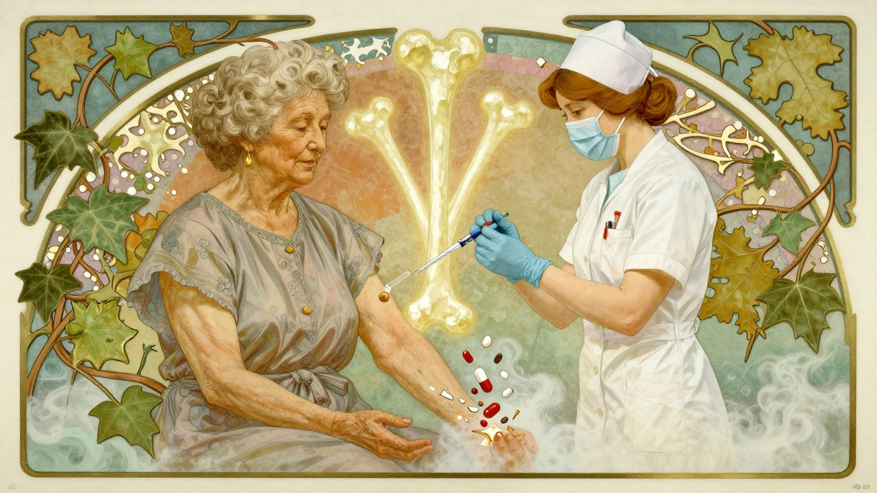 An elderly woman receiving a pain-free injection, with glowing bones and protective vines, symbolizing a safe alternative to oral bisphosphonates.