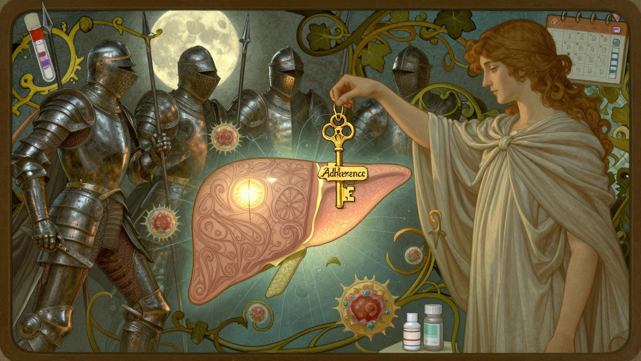 An ornate liver is protected by a golden key as immune knights are locked away, surrounded by medical symbols in flowing Art Nouveau design.
