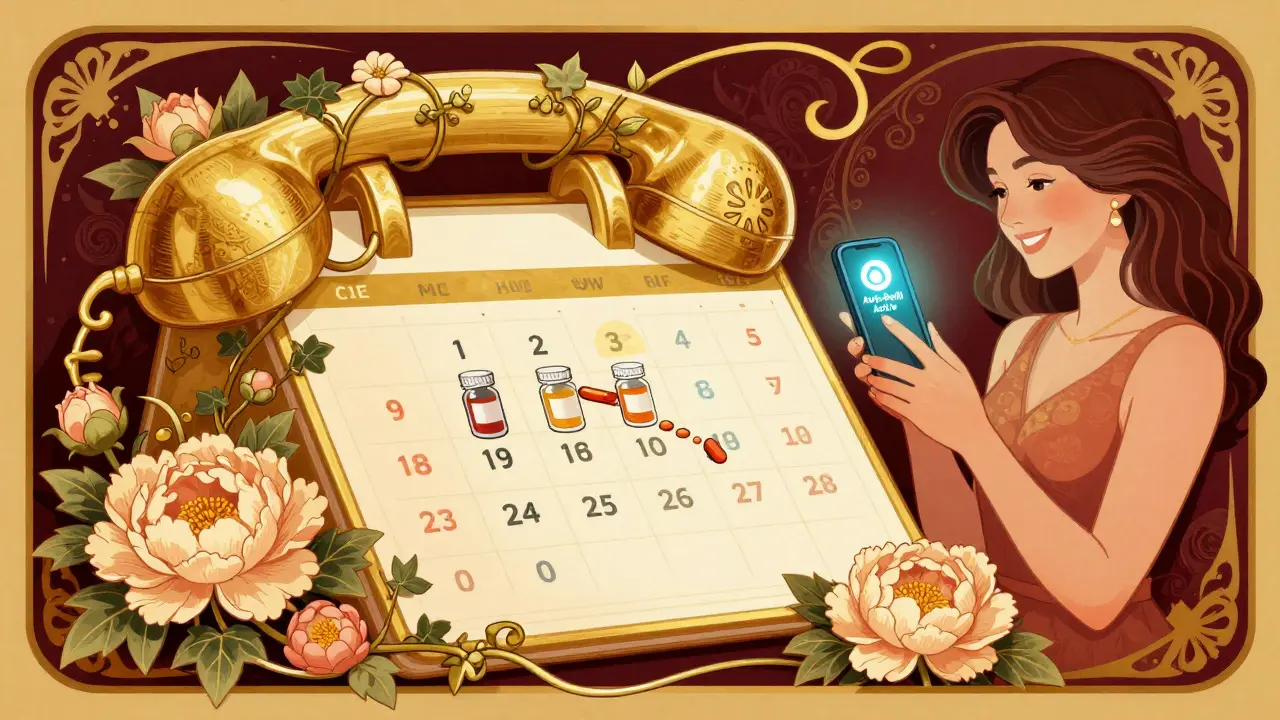 Calendar turning into pill bottles numbered down to 0, surrounded by flowers and phone icon, symbolizing auto-refill.