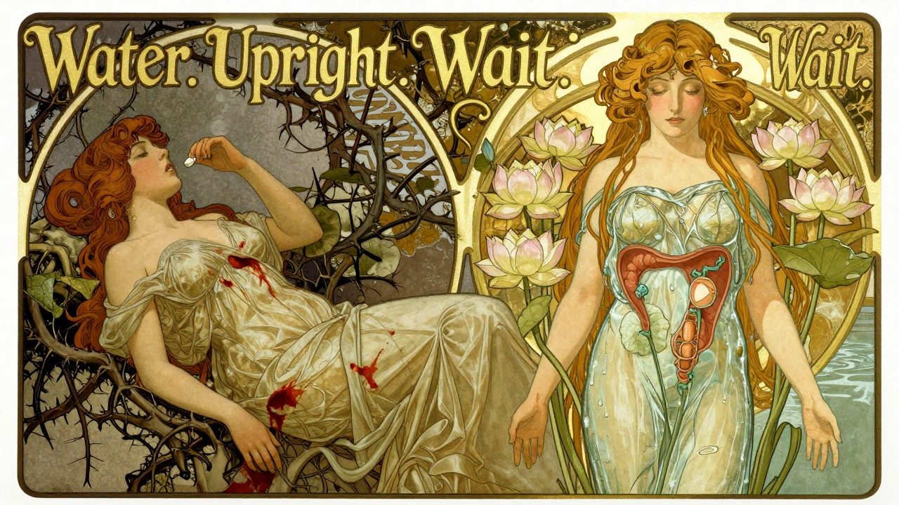 Contrasting scenes: one showing harm from lying down after taking a pill, the other showing safety through proper technique in Art Nouveau style.
