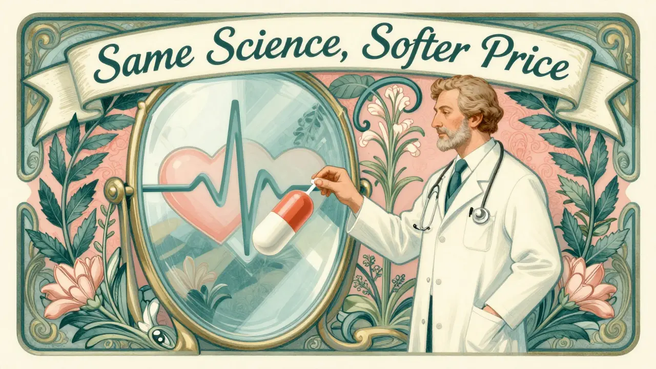 Doctor and pharmacist beside a mirror reflecting identical heartbeats, framed by floral Art Nouveau motifs.