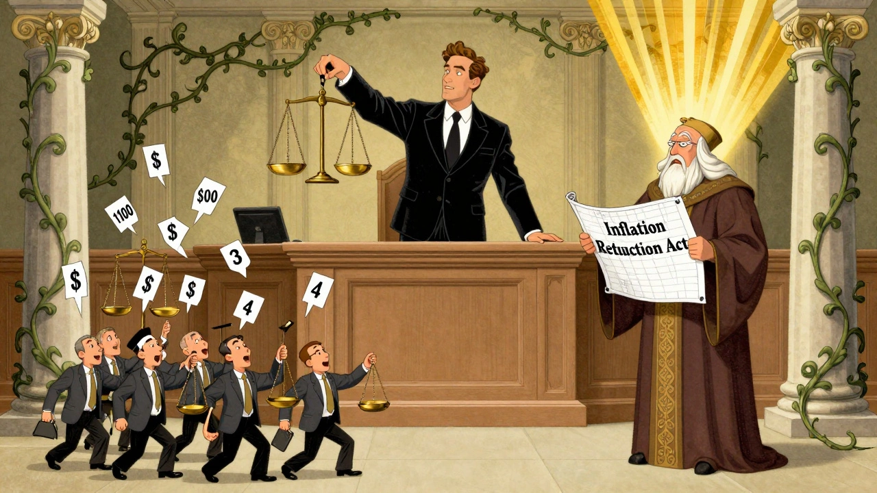 Elegant courtroom scene where generic manufacturers outmaneuver a brand-name drug company.