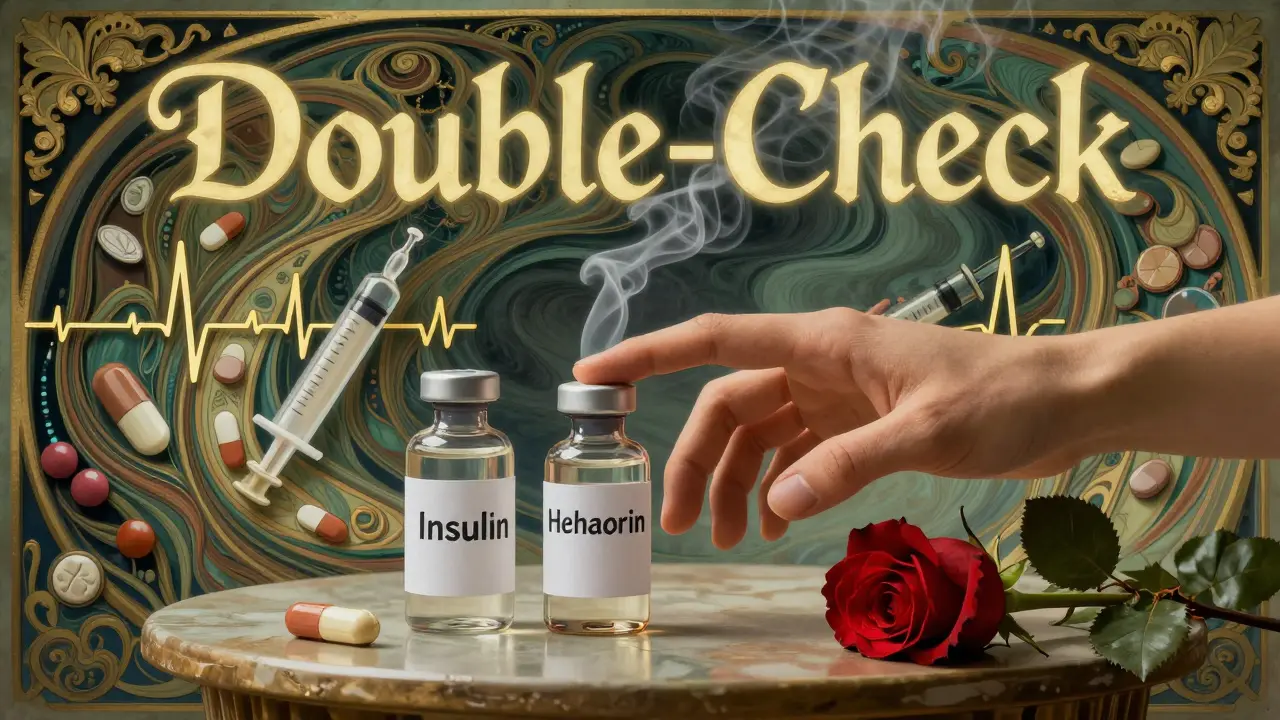 Hand reaching for insulin vial next to heparin, surrounded by swirling medical symbols in Art Nouveau style.