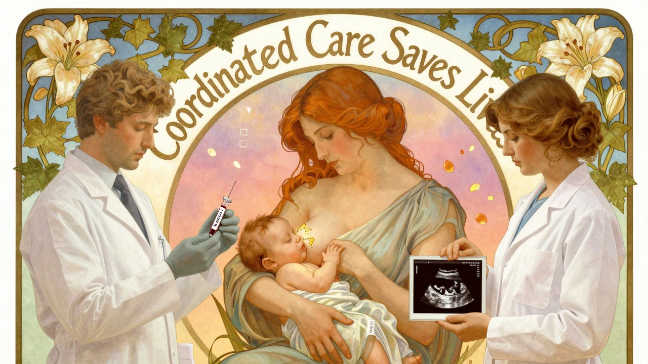 Mother breastfeeding with two healthcare providers beside her, connected by swirling vines and glowing medical symbols in Art Nouveau design.
