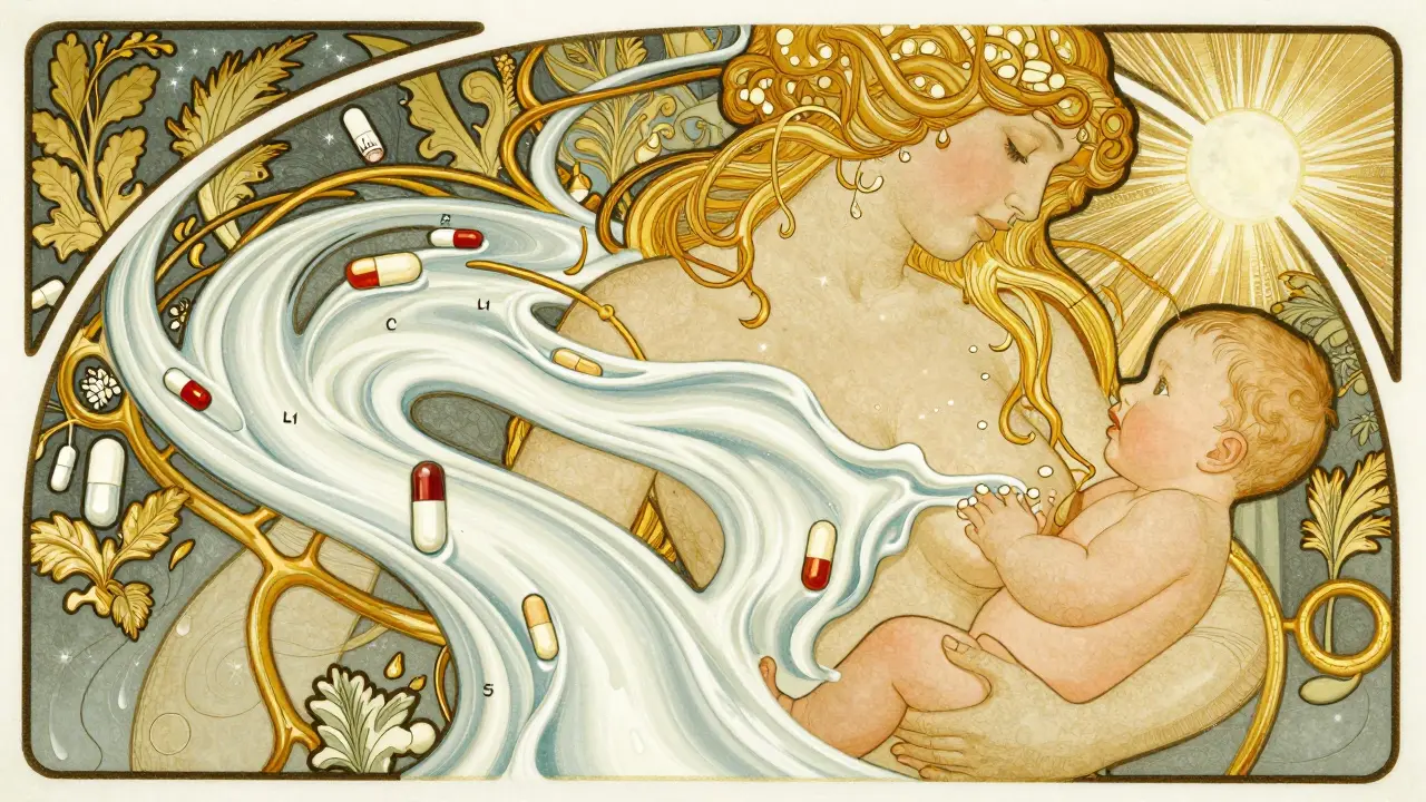Organic flow of milk and drug molecules through a mother's body, with safe and unsafe symbols.