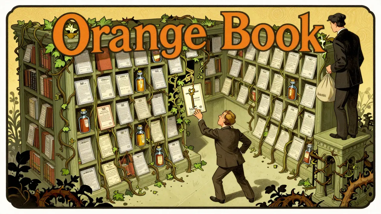 Ornate Orange Book library choked with irrelevant patents, a generic manufacturer struggling to reach the active ingredient key.