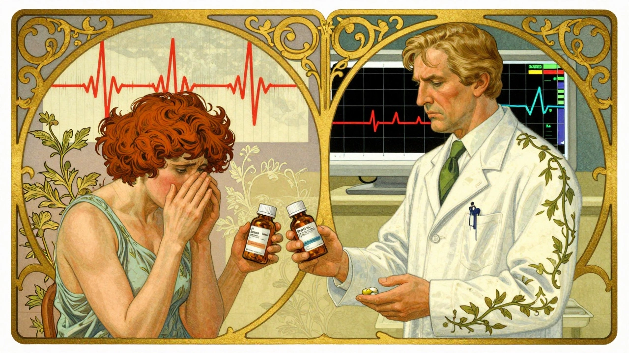 Patient and pharmacist exchange pill bottles amid imagery of seizures and calm monitors.