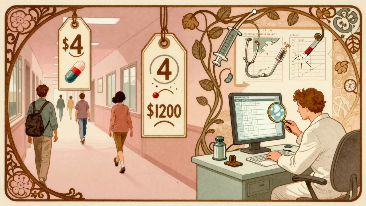 Patients walk past floating price tags in a clinic hallway, some affordable, others exorbitant, under swirling medical vines.